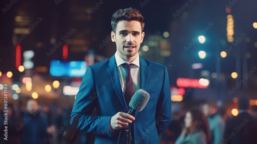 Anchorman Reporting Live News in a City at Night, Generative AI - obrazy, fototapety, plakaty 