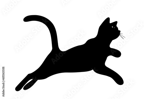 Silhouette Art of the Jumping and Playing Cat In Tattoo Style Isolated on the White Background