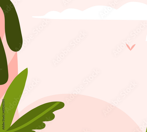 Hand drawn abstract graphic clipart illustration vector background poster print of composition with abstract pink nature sky with clouds and flying birds,tropical landscape panorama with copy space.