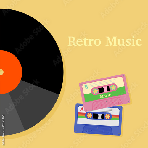 Vinyl record and tape cassettses in vintage style.