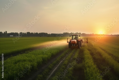 Tractor field spraying sunset. Generate Ai