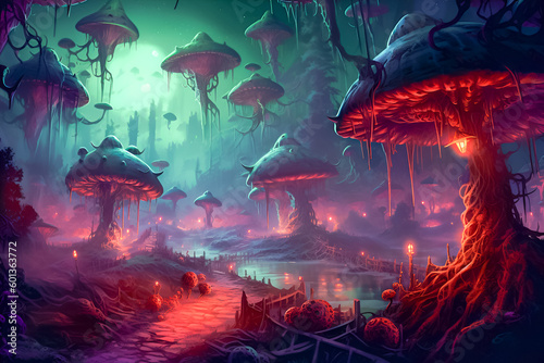 Fantasy mushroom world landscape. AI generative