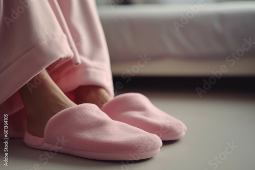 Woman putting slippers shoes. Generate Ai Fototapet