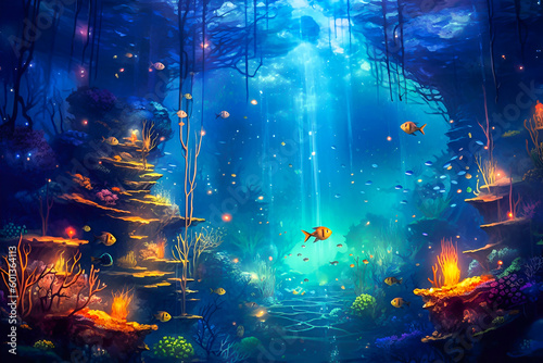 Magical underwater background with sea life. © Elena