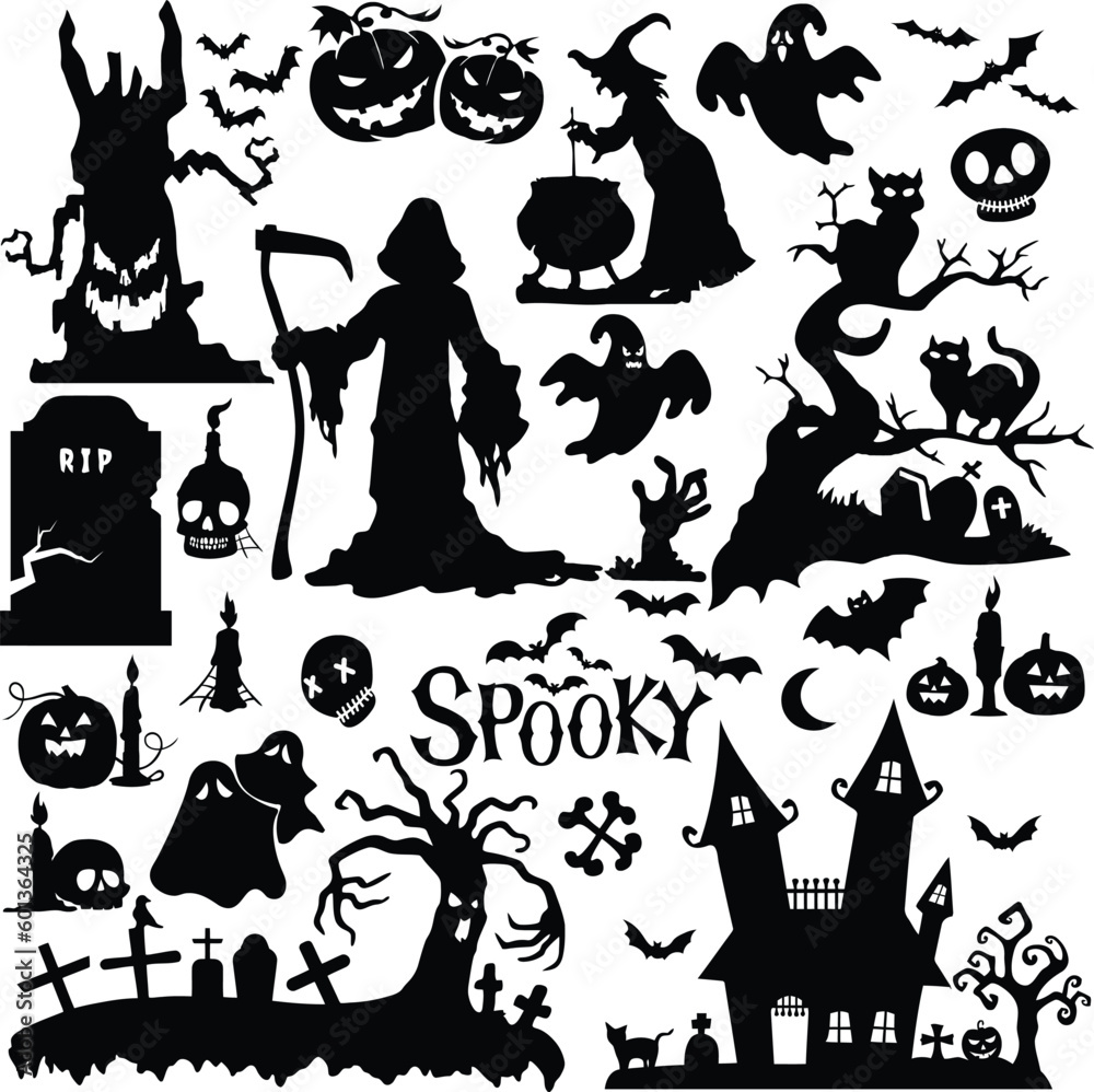 Pack of Spooky Black Icon Stock Vectors for Halloween Design Pack of Spooky Black Icon Stock Vectors for Halloween Design