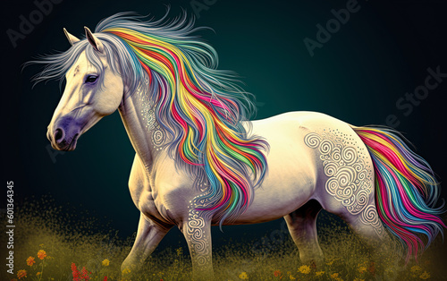 Beautiful white horse in colors of pride flag. Generative Ai illustration