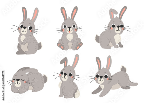 Vector set of cute rabbits in cartoon style. Bunny pet silhouette in different poses. Hare and rabbit colorful illustration for childrens book, postcards and posters.