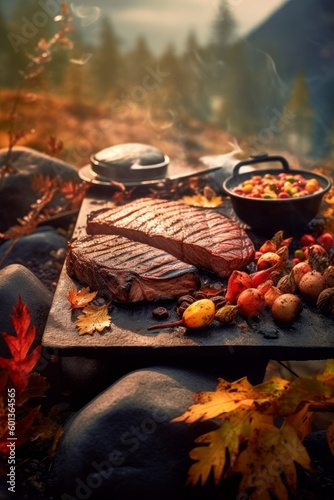 Autumn barbecue with gourmet steaks. Generative AI