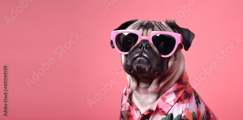Portrait of cute pug in trendy pink sunglasses and hawaiian shirt isolated on pink background with copy space, travel illustration, generative AI