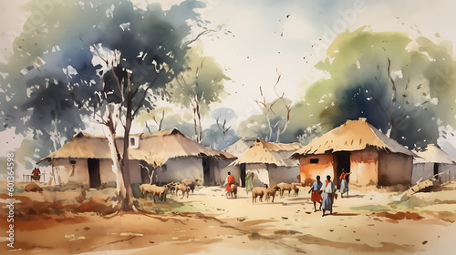 Watercolour painting of Indian village life. Generative AI.