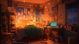 Cozy lofi room workstation, wallpaper background illustration, design, bedroom, Generative AI