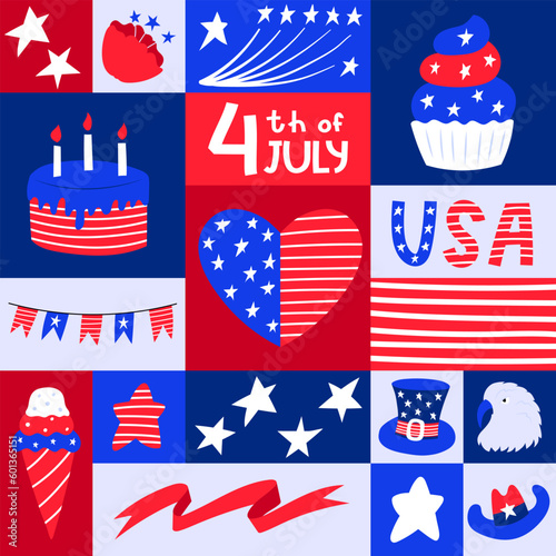 Square greeting card with patriotic symblos of USA independence day. Social media poster for 4th of July. National american symbols in flat cartoon style. Bright color vector illustration. photo