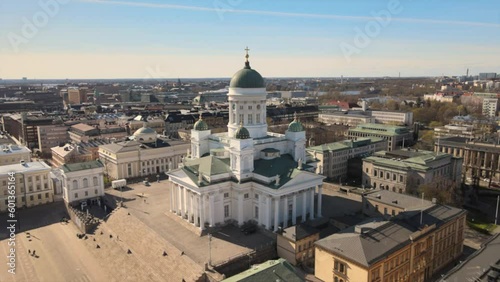 Helsinki: Aerial view of capital city of Finland, sunny spring day, Senate Square (Senaatintori) with Helsinki Cathedral (Helsingin tuomiokirkko)  photo