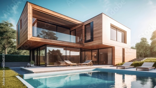 Modern stylish home with a minimalistic design, a spacious terrace, large panoramic windows and a swimming pool in the foreground. Modern minimalistic architecture. Generative AI © Georgii