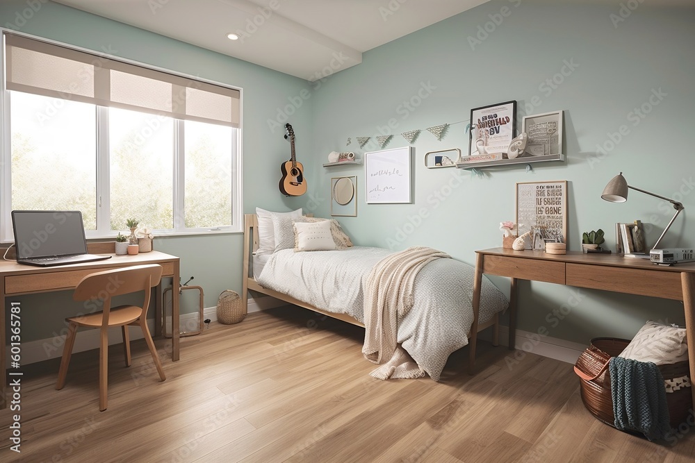 Obraz premium Architectural illustration of teenage room, brochure, real estate ad, generative ai