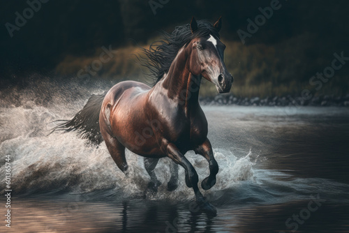 Horse runs through the water with many big splashes. AI Generative © Uliana