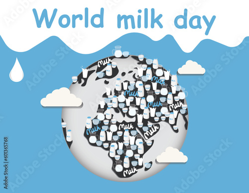 World with milk cup, jar, bottle, glass.