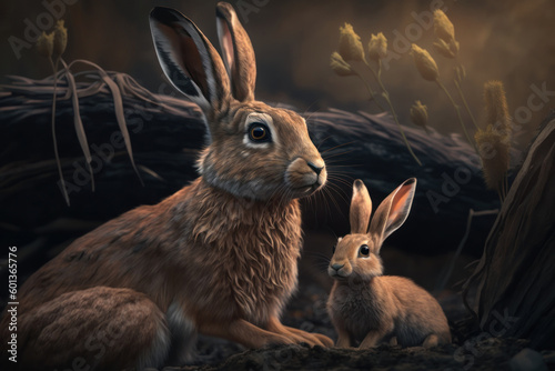 Hare with cub in natural habitat. Generative AI