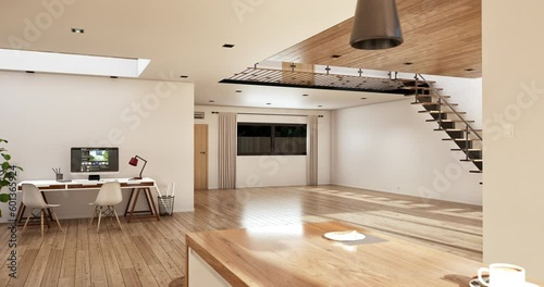 Camera moves around a room, revealing the gradual appearance of furniture and furnishings.