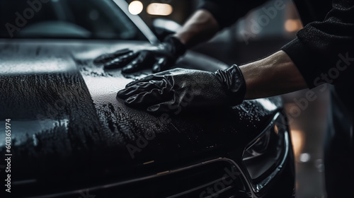 Close up photo of hands of auto service male worker in black protective gloves cleaning car hood and headlights with foam and soft brush. Carwash and detailing © Volodymyr Skurtul