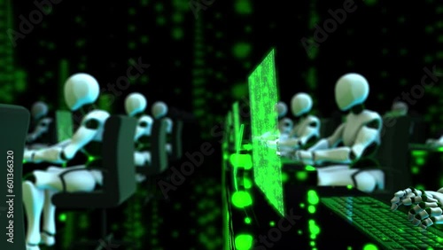 Humanoid Robots working with computers. 3d animation.