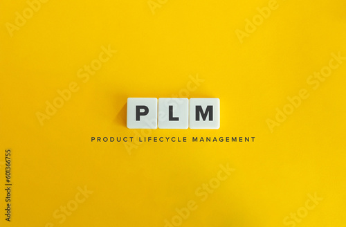 Product Lifecycle Management (PLM) Acronym and Concept. Letter Tiles on Yellow Background. Minimal Aesthetics.