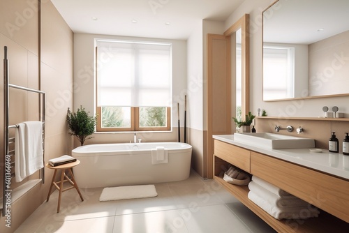 Exclusive modern bathroom with large bathtub and window, brochure, real estate ad, generative ai