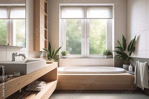 Exclusive modern bathroom with large bathtub and window, brochure, real estate ad, generative ai