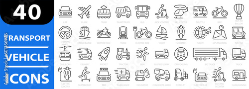 Transport 40 icon set. Vehicle icons. Delivery elements collection. Car, Bus, Track, Scooter, Plane, Train, Bike, Helicopter and more. Vector illustration.