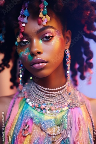 A young adult afro americam woman with curly hair, dressed for a night out in fashion and jewelry, poses for a portrait. Generated AI.