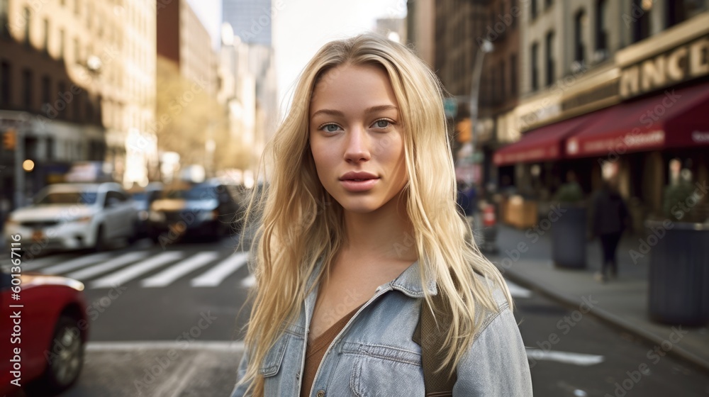 Portrait of young beautiful blonde woman with long hairs - Influencer posing for a fashion advertising campaign. Generative AI Portrait of young beautiful blonde woman with long hairs - Influencer posing for a fashion advertising campaign. Generative AI