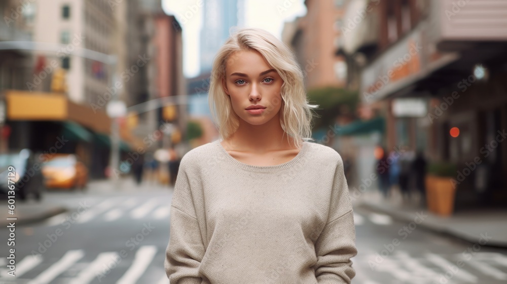 Portrait of young beautiful blonde woman with long hairs - Influencer posing for a fashion advertising campaign. Generative AI