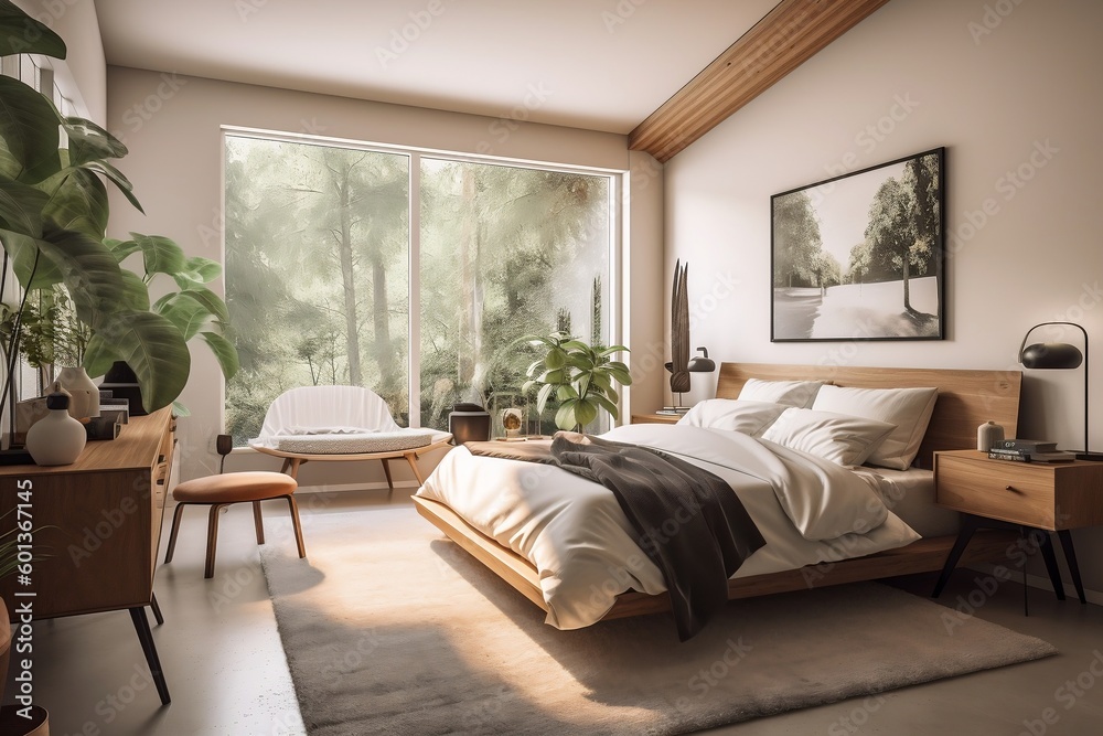 Fototapeta premium Modern bedroom with big french windows, brochure, real estate ad, generative ai