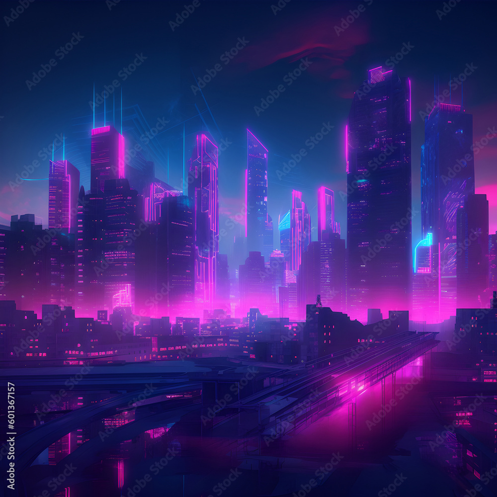 Sci-fi futuristic city with neon lights. Futuristic cityscape. AI Generated Generative AI