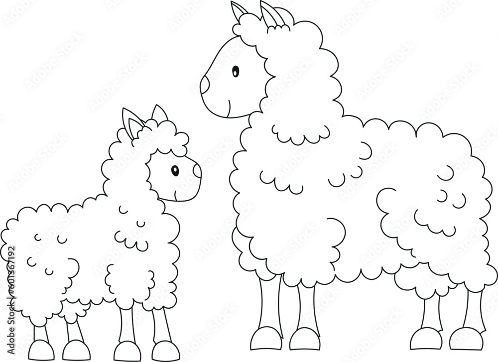 Mother and baby sheep. Coloring page for kids. Cartoon illustration for ...