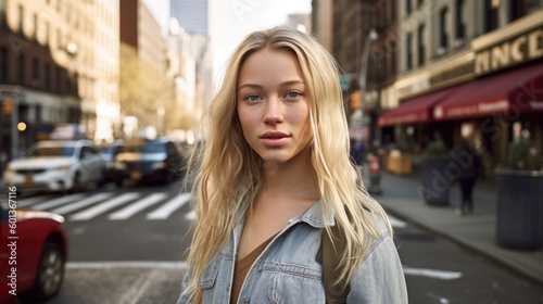 Portrait of young beautiful blonde woman with long hairs - Influencer posing for a fashion advertising campaign. Generative AI