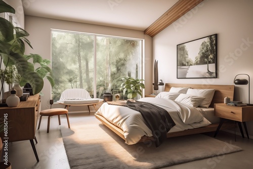 Modern bedroom with big french windows, brochure, real estate ad, generative ai © pawczar