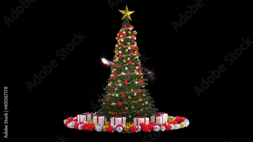 Christmas Tree with gift boxes and ornaments. Loopable 3d animation isolated.