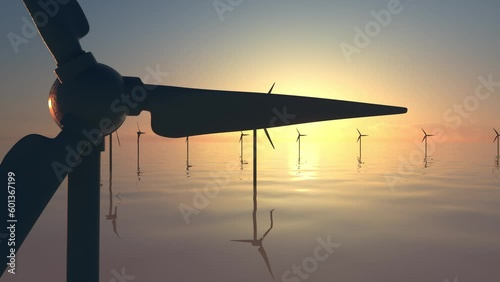 Wind turbines on the rising sun background isolated with luma matte. Loopable 3d animation.