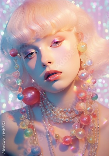 A young woman poses fashionably with her pink doll, wearing a beautiful necklace and other jewelry. Dreamy, mystical retro look. Generated AI.