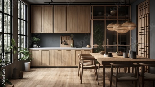 Modern European living room made of natural materials with a kitchen and dining area, calm colors, wooden furniture, panoramic windows with a beautiful view. Generative AI