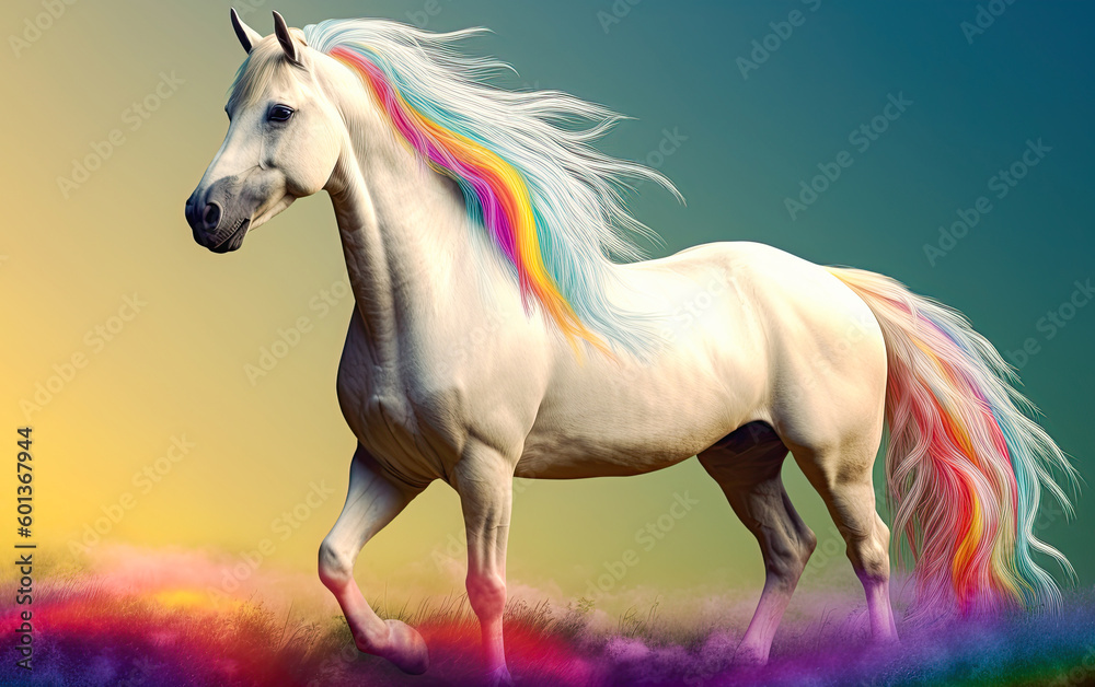 Beautiful white horse in colors of pride flag. Generative Ai illustration