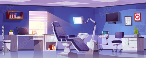 Cartoon stomatology room with equipment and furniture. Vector illustration of dentist office, chair, medical tools, toothache treatment instruments, desktop computer, folders on shelf. Medical