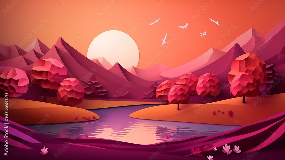 Beauty landscape paper art style with shiny background illustration. Generative AI