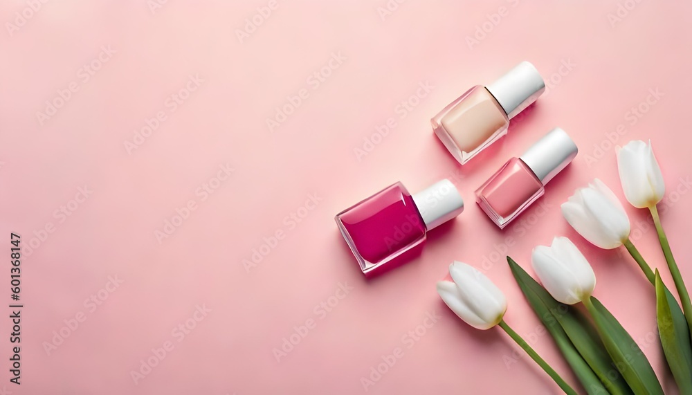 Nail polish bottles and white tulips flowers on a pastel color background. Flat lay style Nail polish bottles and white tulips flowers on a pastel color background. Flat lay style