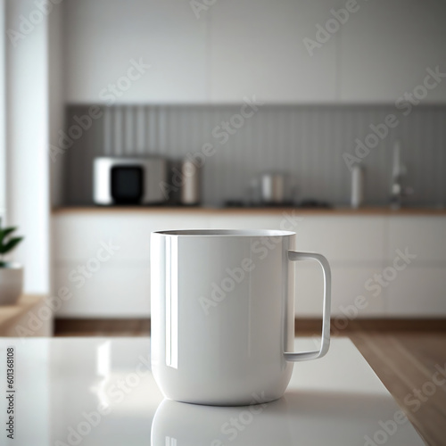 White blank mockup mug on a kitchen table with modern minimalistic interior on the background. Place for text. Generative AI.