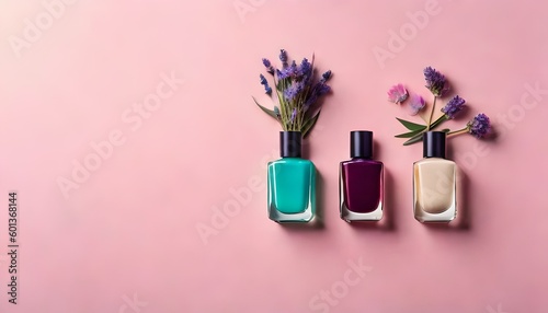 Colorful nail polish bottles and lavender flowers on pastel background with empty space