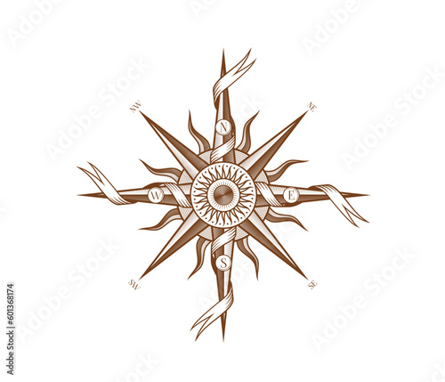 Vintage wind rose compass with medieval antique ribbons. Ocean navigation wind rose, marine expedition direction or sea geography map compass medieval engraved vector emblem