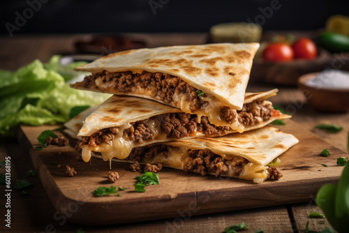 quesadilla mexican fast food on wooden board black backgraund, generativ ai