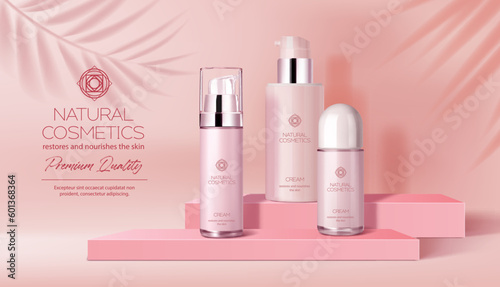 Fotografiet Pink podium with body cosmetics, product display with palm leaves, vector background